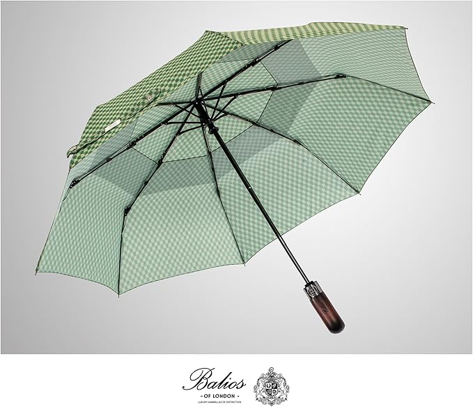 Balios Travel Folding Umbrella with Real Wood Handle Auto Open Close Vented Windproof Canopy - Designed in UK