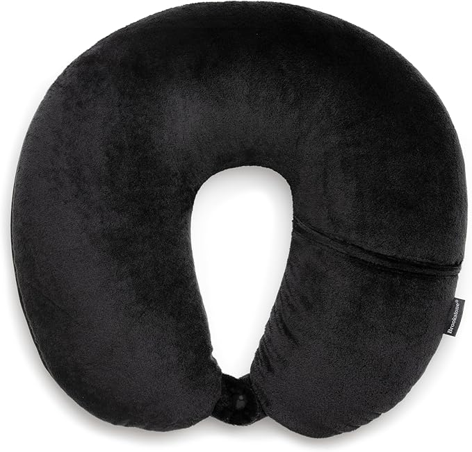 Brookstone Microbead Travel Head and Neck Pillow Lightweight and Plush with Phone or Headphone Pocket, Black