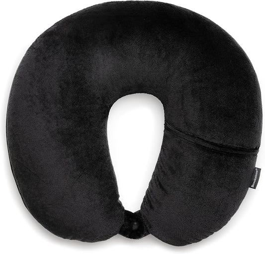 Brookstone Microbead Travel Head and Neck Pillow Lightweight and Plush with Phone or Headphone Pocket, Black