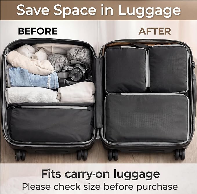 Hosuly 6 Pcs Ultralight Compression Packing Cubes for Travel 11 x 7 '' S Expandable Luggage Organizers for Save Space Family Long Trips (black 02)