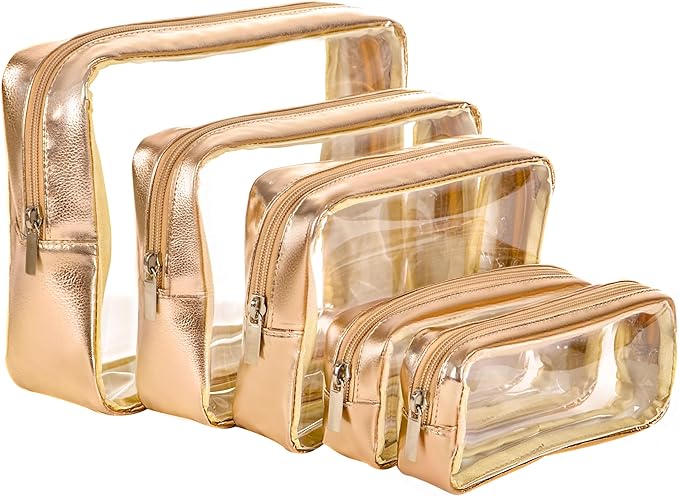 TSA Approved 5-Piece Diaper Bag Organizer Pouch Set Clear Waterproof TPU Kids Toiletry Storage Set Travel Packing Clutch Cube Bags for Baby Nursing(Gold leather)