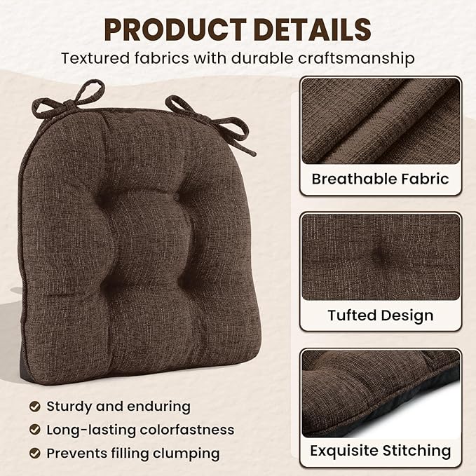 downluxe Indoor Chair Cushions for Dining Chairs, Tufted Overstuffed Textured Foam Kitchen Chair Pads with Ties and Non-Slip Backing, 15.5" x 15.5" x 4", Brown, 4 Pack