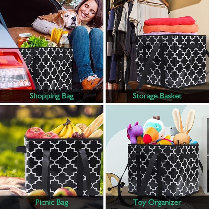 WISELIFE Reusable Grocery Bags 4-Pack Foldable Washable Large Storage Bins Basket Water Resistant Shopping Tote Bag Black