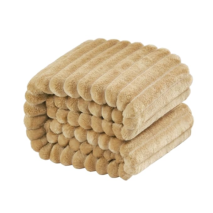 NTBAY Plush Flannel Twin Bed Blanket, 60X80 Inches Soft and Warm Lightweight Blanket with Striped Texture Bed Blanket for Couch Sofa Bed All Seasons, 60"x80", Khaki