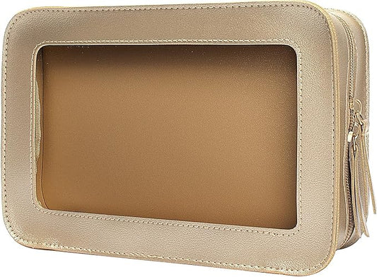 LETGO Clear Makeup Bags, TSA Approved Toiletry Bag with Zipper, Small Makeup Organizer Fit Carry-on Travel Essentials,Portable Travel Clear Cosmetic Bags Pouch for Women Men (Golden)