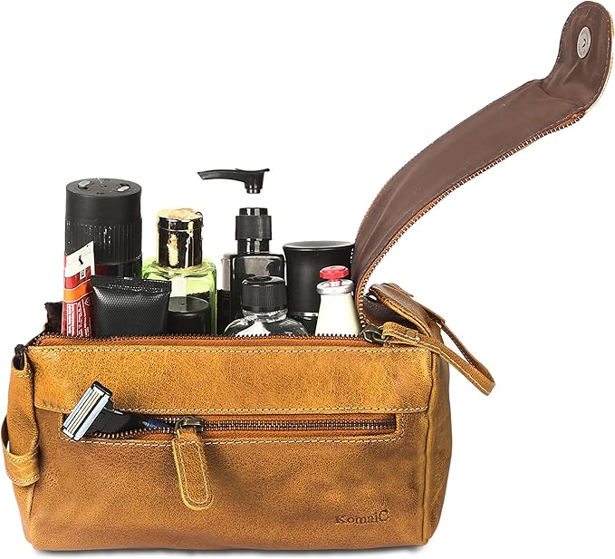 KomalC Premium Buffalo Leather Toiletry Bag for Men & Women With Water resistant Lining, Grooming Travel Pouch, Unisex Wash Bag for Toiletries, Gifts for Men and Women