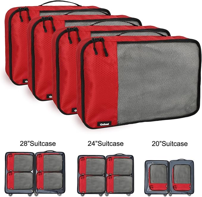 Packing Cubes for Travel Essentials,4 Set Packing Cubes for Suitcases,Lightweight Mesh Luggage Organizer Bag,Red