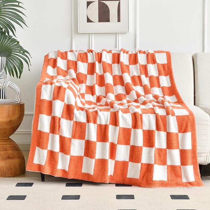 Checkered Blanket, Cozy Soft Throw Blankets for Couch Bed, Fluffy Plaid Lightweight Comfy Travel Picnic Blanket Gifts for Sofa Chair Living Room Camping (Orange, Throw 50"x60")