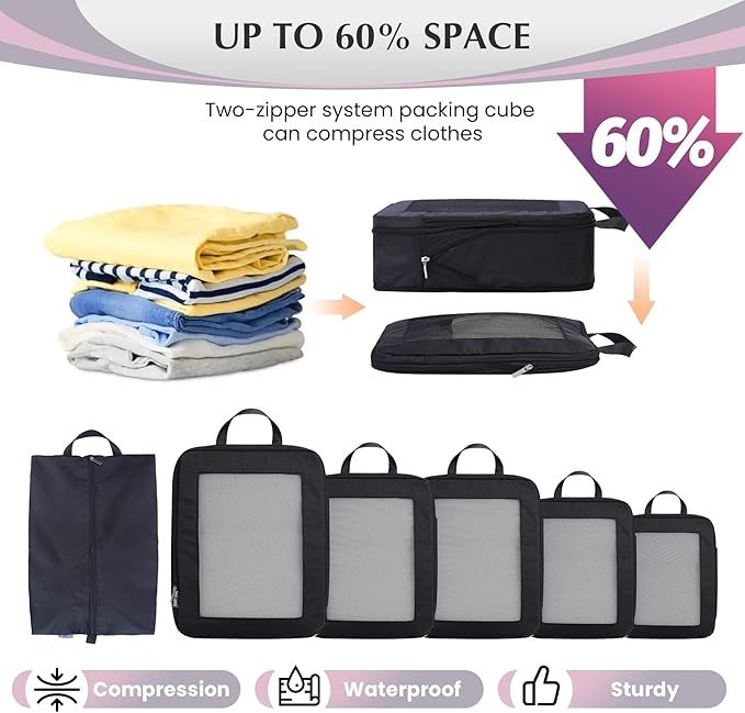 Ultralight Compression Packing Cubes for Suitcases Carry on，Compressible Mesh Packing Cubes for Travel Women Travel Essentials with Shoe Bag 6 Set (Black)