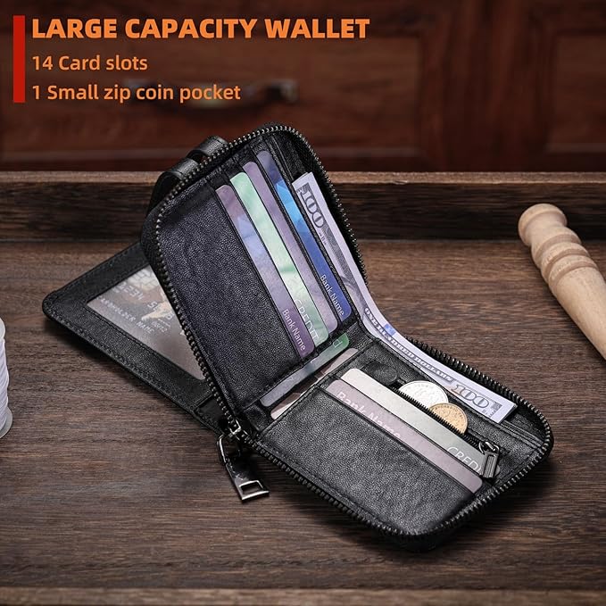 BULLCAPTAIN Genuine Leather Men's Wallet with Zipper Vintage RFID Blocking Large Capacity Wallet for Men with 14 Credit Card Slots and 1 ID Window T23 (Black)
