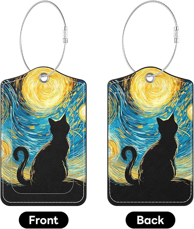 2 Pack PU Leather Luggage Tags for Suitcases, Privacy Protection Cover with Stainless Steel Loop and Address Card, Travel Cruise Essentials (Starry Cat)