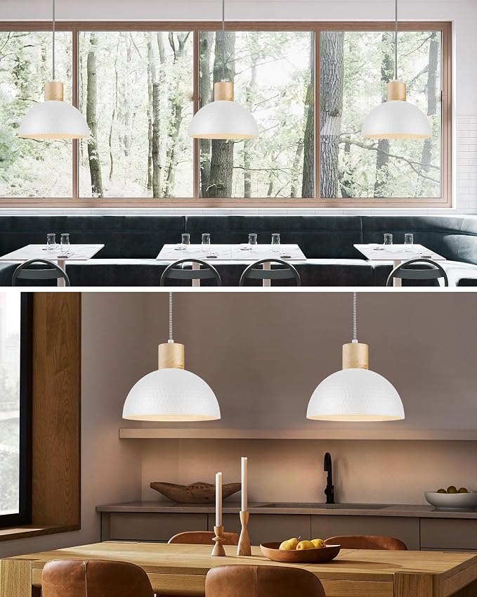 ELYONA 2 Pack Hammered Pendant Lights, 12" Modern Metal Dome Hanging Lamp Solid Wood Pendant Light Fixtures for Kitchen Island, Farmhouse, Dining Room, Sink, Bedroom, Hallway, Japandi White