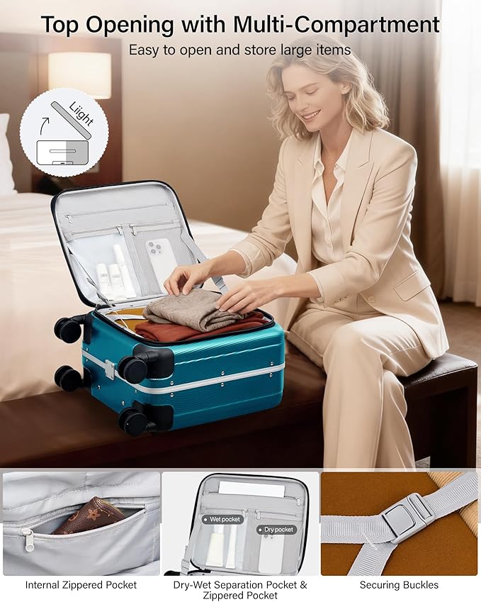 Hanke 16 Inch Small Carry On Luggage Hard Shell Top Opening Aluminum Frame Suitcase with Spinner Wheels, Underseat Front Open Luggage for Men & Women Business Travel and Short Trips, Caribbean Blue