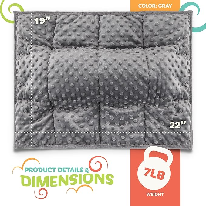 7lb Weighted Blanket (Grey) 19x22 Inch– Plush Minky Lap Pad with Sensory Support for Autism or ADHD, Giftable Weighted Blanket with Travel Bag for Ages 6–12