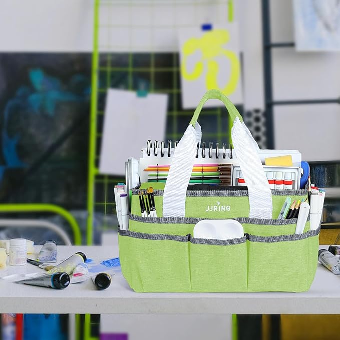 JJRING Craft Organizer Tote Bag, Art Storage Caddy with Multiple Pockets, Cyan Sewing Bag for Art, Craft, Scrapbooking, School, Medical, and Office Supplies Storage