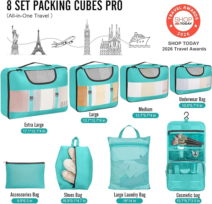 Veken 8 Set Packing Cubes for Travel Essentials, Suitcase Organizer Bags in 4 Sizes, Carry-On Luggage Accessories with Large Laundry & Hanging Toiletry Bag, Must-Have for Airplane, Road Trip & Camping