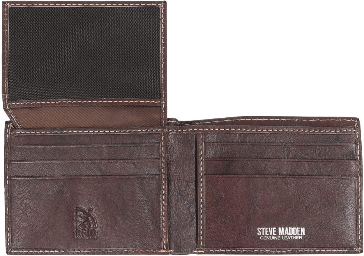 Steve Madden Men's Slim Leather Wallet with Extra Capacity Attached Flip Pockets