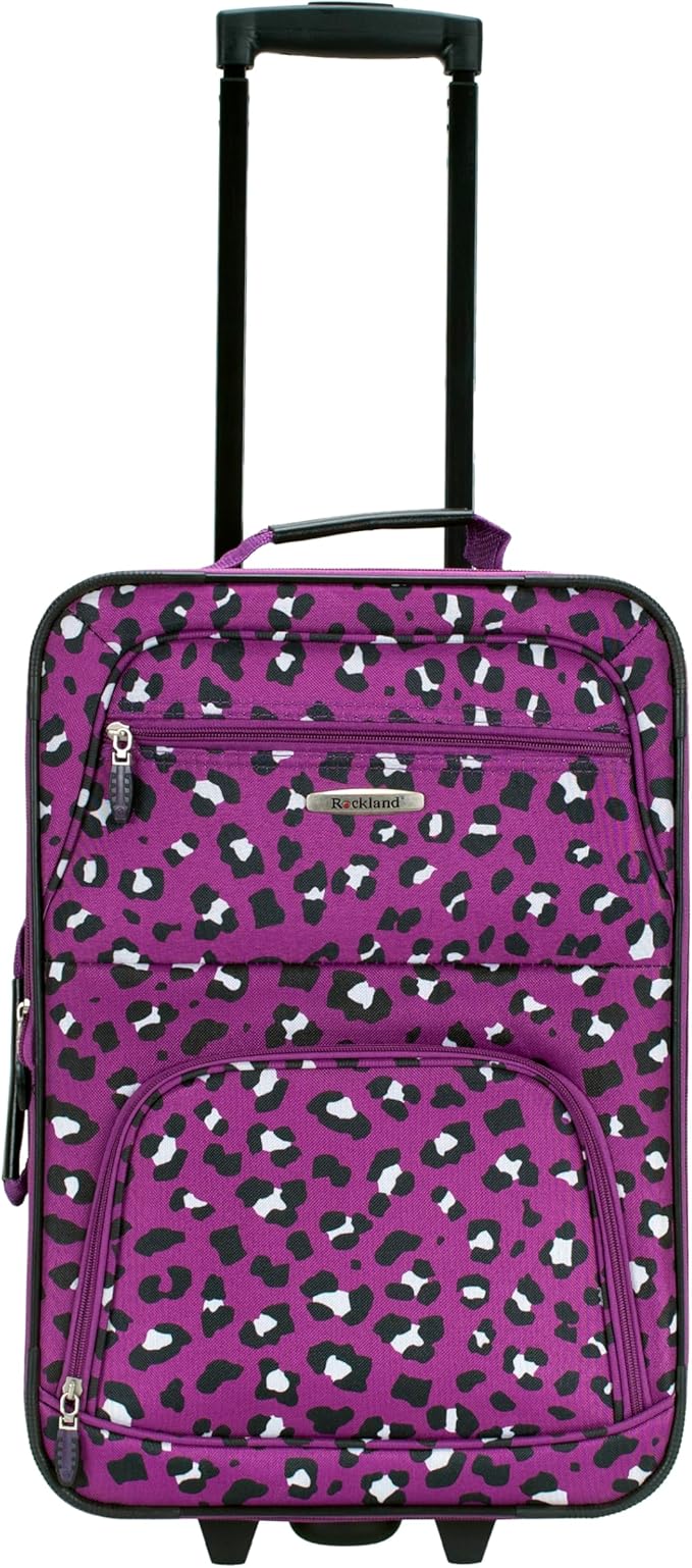 Rockland Fashion Softside Upright Luggage Set, Expandable,Telescopic Handle,Wheel, Purple Leopard, 2-Piece (14/19)