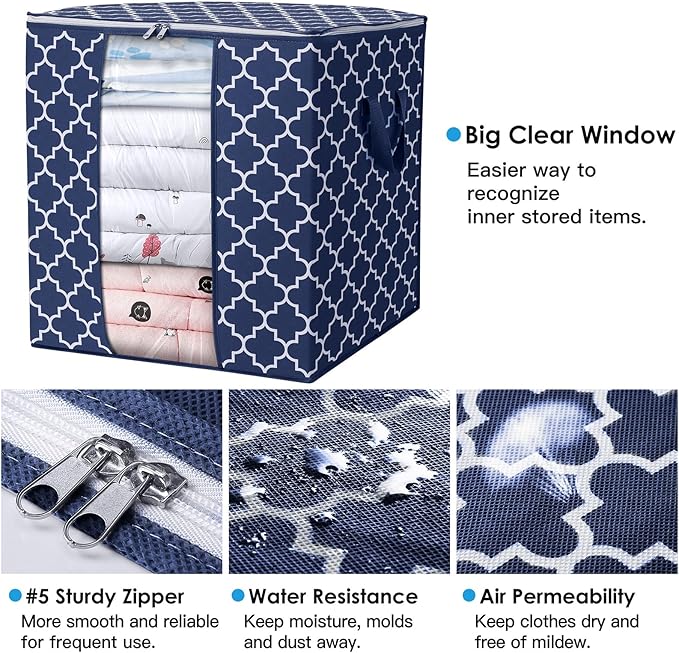 WISELIFE Storage Bags 6 Pack/100L Large Blanket Clothes Organization and Storage Containers for Comforters,Bedding, Foldable Organizer with Reinforced Handle, Clear Window, Sturdy Zippers,Blue