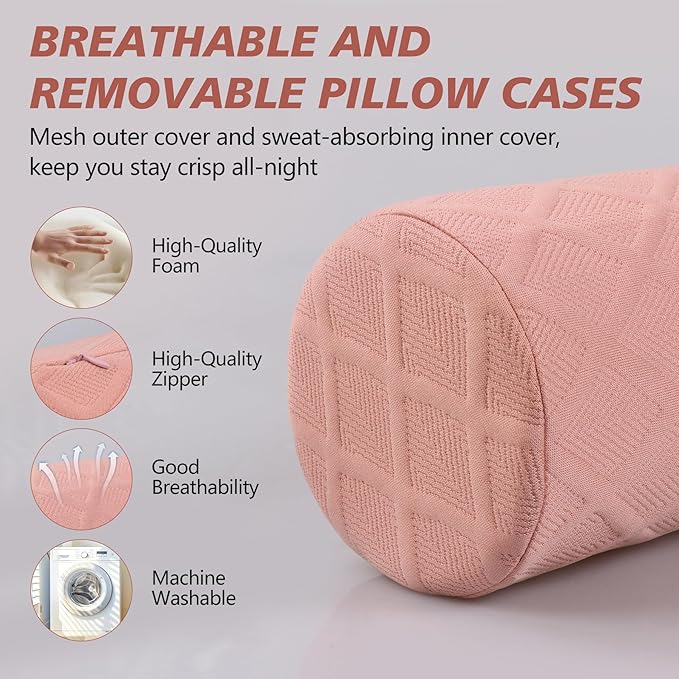 Cozyhealth Cervical Roll Pillow, Medium Soft Memory Foam Neck Round Pillow Cylinder Bolster Pillow for Sleeping, Round Neck Support for Bed, Legs, Back and Yoga (Pink, Medium - 3.9" H)