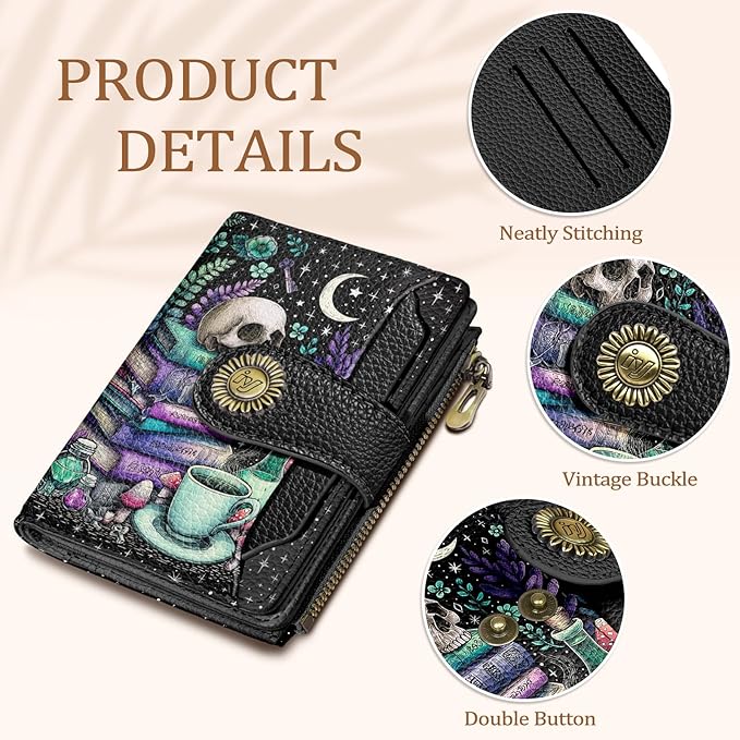 Icycay Goth Gothic Skull Small Wallet Women RFID Blocking Bifold, Credit Card Holder, Zipper Coin Pocket, PU Leather, Funny Witchy, Compact, Travel, 4 ID Window 14 Card Slots, Cash Purse, Ladies Woman