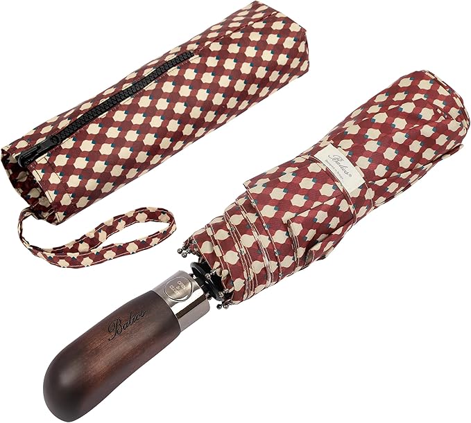 Balios Travel Folding Umbrella with Real Wood Handle Auto Open Close Vented Windproof Canopy - Designed in UK