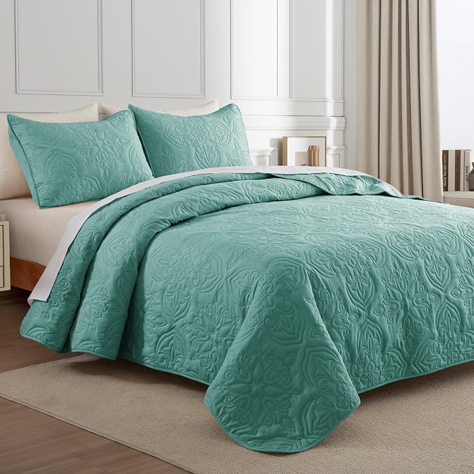 Whale Flotilla Cal King Quilt Set Vintage Damask Reversible Bedspread | Suitable for Bed, 3 Pieces Turquoise Green Lightweight Breathable Oversized Quilts, Ultrasonic Coverlet with 2 Pillow Shams