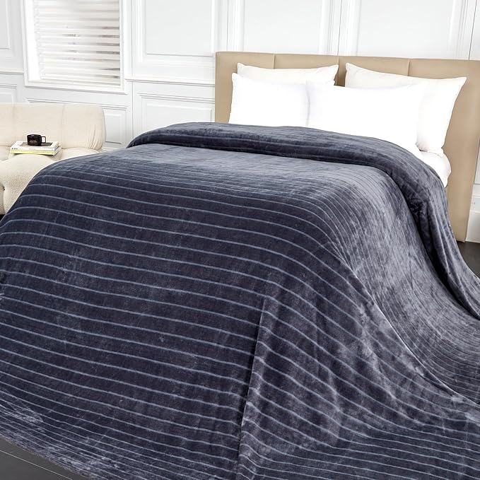 Extra Large 120x138 Inch Giant Soft Cozy Fleece Blanket, Huge Oversized Seamless King 3D Jacquard Decorative California King Blanket for Bed, Couch, Travel - Striped Dark Grey