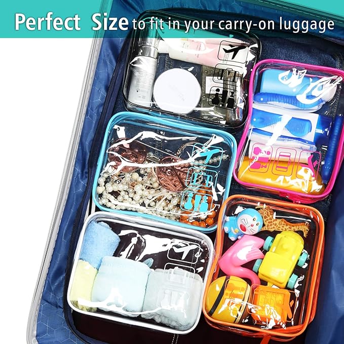 F-color TSA Approved Toiletry Bag 5 Pack Medium - Clear Makeup Bag Travel Quart Size for Women Men, Clear Cosmetic Bag Airport Airline Compliant Carry on Bag, 5 Colors