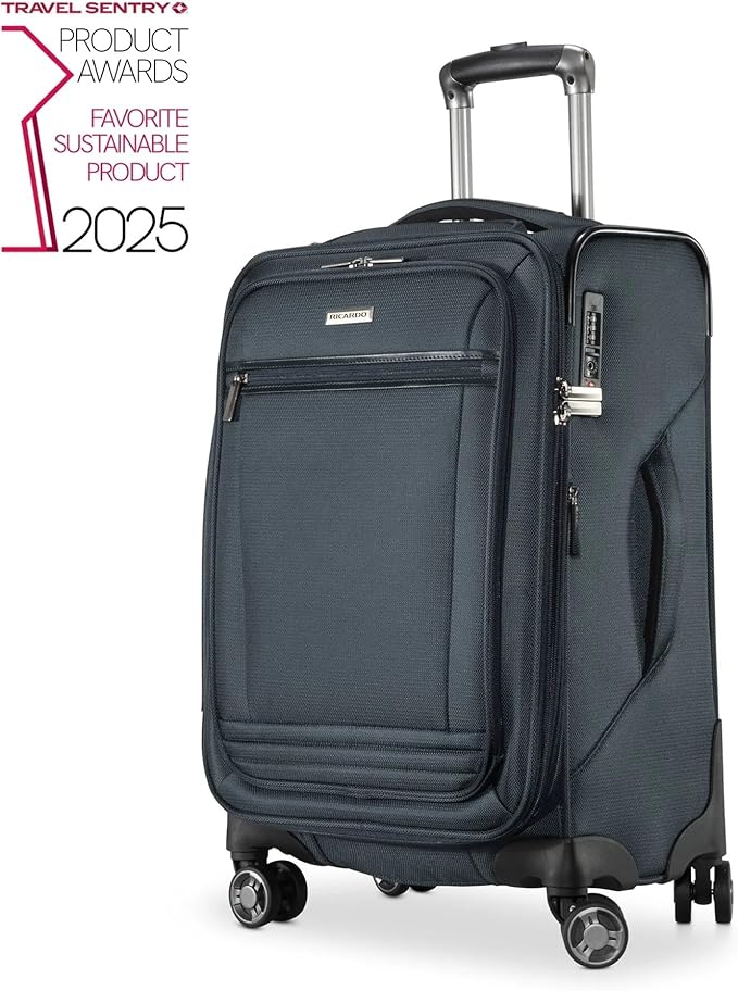 Ricardo Beverly Hills Avalon Softside Carry-On Luggage Made with Sustainable 100% Recycled PET (rPET), Lightweight, Eco-Friendly Travel, Expandable, Dual Spinner Wheels, Storm Blue, 20-inch