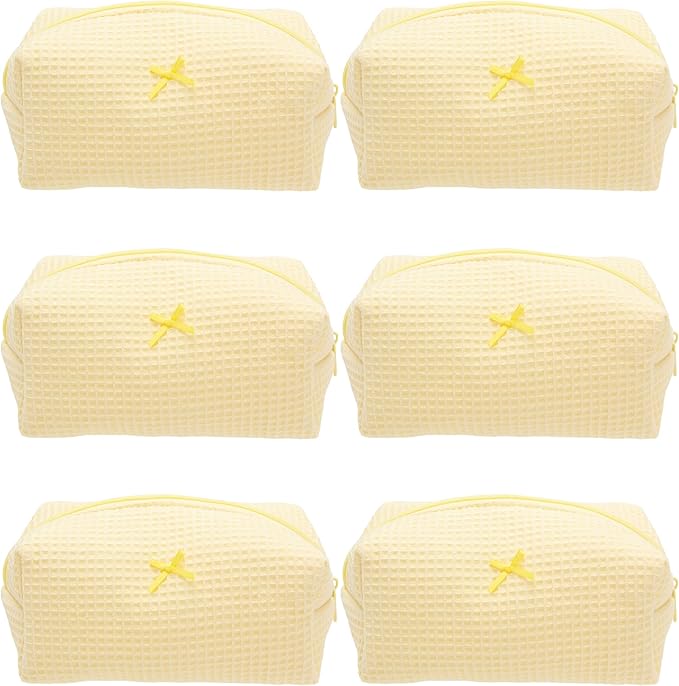PAZIMIIK 6PCS Cozy Makeup Bag Travel Cosmetic Bag for Women Soft Toiletry Bag Aesthetic Makeup Organizer Portable Large Zipper Pouch for Skincare Beauty Accessories Brushes Waffle Check Yellow