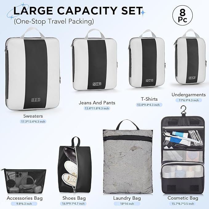 8 Set Compression Packing Cubes for Travel Essentials,Compressible Expandable Packing Cubes for Suitcase,OlarHike Luggage Organizer Bags for Travel,Handy Helper for Organizing Clothes(Black)