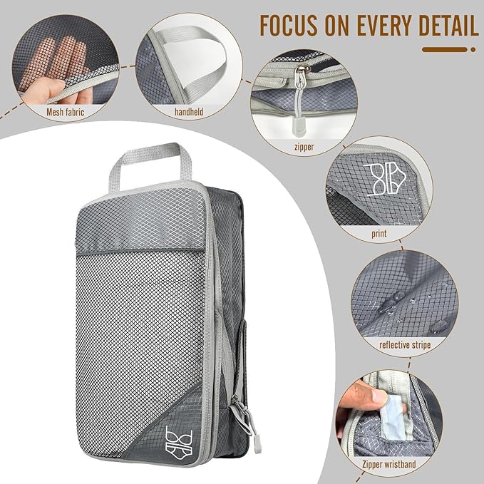 9-Set Packing Cubes with Hanging Bag | 9-Size Combination, Mesh Fabric & Reflective Stripe | Travel Luggage Organizers (Grey)