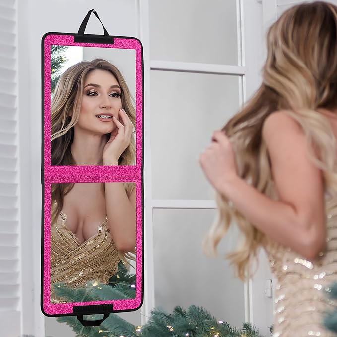 LPHUMEX Sparkle Hot Pink Folding Mirror 13”x33”, Foldable Full-Length Travel Mirror 3-Way Use, Perfect for Dance, Festivals, RV
