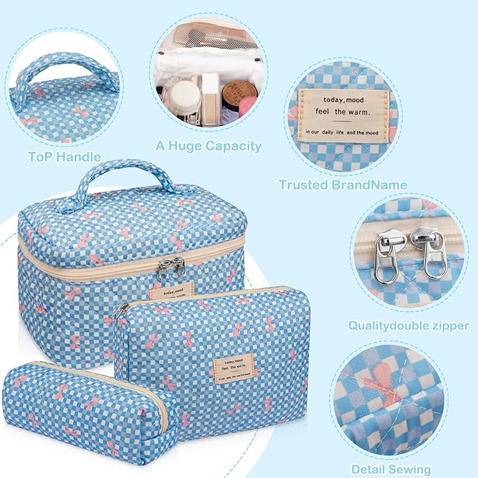 3PC Makeup Bag Set, Cute Cosmetic Bag for Women Girls, Floral Coquette Aesthetic Toiletry Bag, Travel Make Up Organizer Bag (Blue Check)