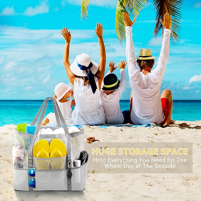 SRISE Mesh Beach Bag - Large Beach Tote Bag for Family Beach Bag for Toys & Vacation Essentials