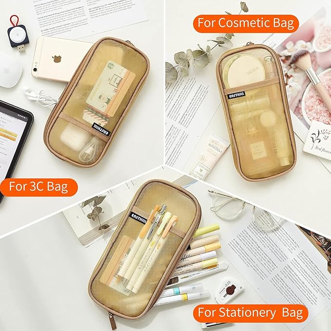 EASTHILL Grid Mesh Pen Pencil Case with Zipper Clear Makeup Color Pouch Cosmetics Bag Multi-Purpose Travel School Teen Girls Transparent Stationary Bag Office Organizer Box for Adluts(Khaki)