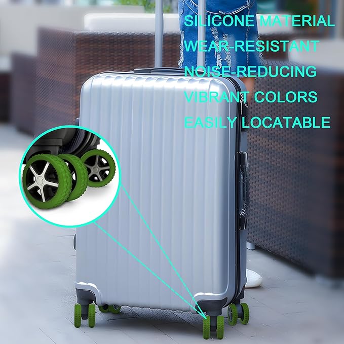(8 Pack) Silicone Luggage Wheel Covers for 8-Spinner Wheel Suitcases, Mute & Shock Absorption Protector, Wear-Resistant & Noise-Reducing, Perfect for Travel (Green1)