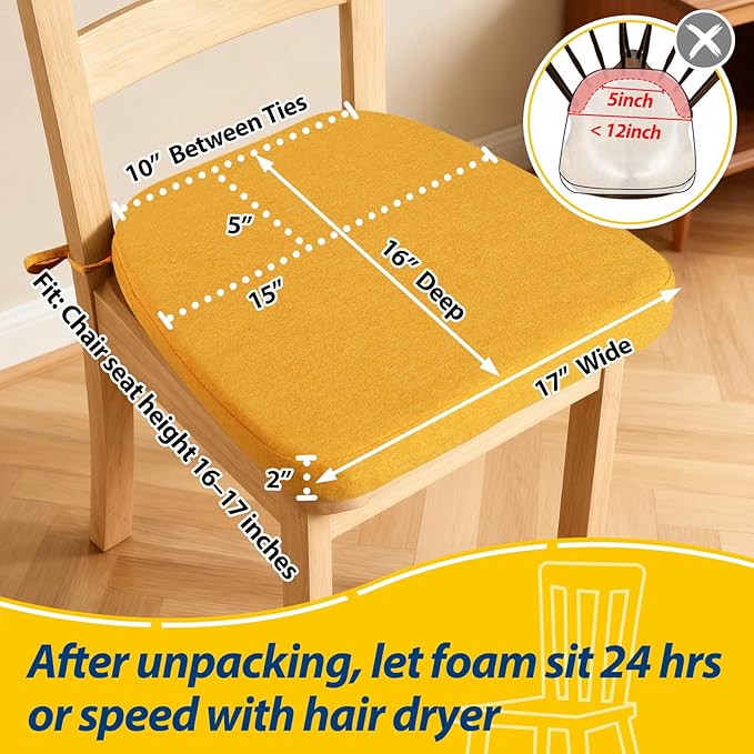 AAAAAcessories D-Shaped Chair Cushions, 2" Thick Dining Chair Pads with Ties and Removable, Machine-Washable Cover, 17" x 16", Set of 6, Golden Yellow