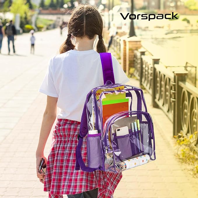 Vorspack Clear Backpack Heavy Duty PVC Transparent Backpack with Reinforced Strap Stitches & Large Capacity for College Workplace Security - Purple