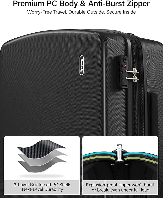 Hanke 24 Inch Expandable Hard Sided Luggage with Spinner Wheels, Checked Luggage for Travel, Hard Shell Suitcases With Wheels Durable Medium Suitcase for Woman Men with Tsa Lock(Jet Black)
