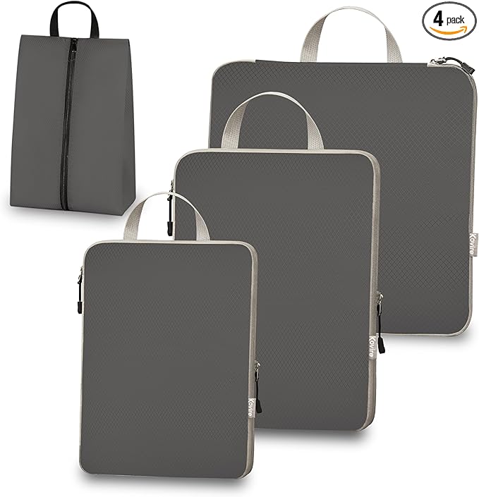 Compression Packing Cubes for Travel, Set of 4 Expandable Luggage Organizers with Shoe Bag, Lightweight Water-Resistant Suitcase Essentials for Carry-on & Checked Luggage, Grey