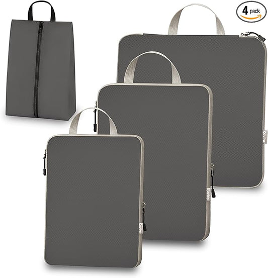 Compression Packing Cubes for Travel, Set of 4 Expandable Luggage Organizers with Shoe Bag, Lightweight Water-Resistant Suitcase Essentials for Carry-on & Checked Luggage, Grey