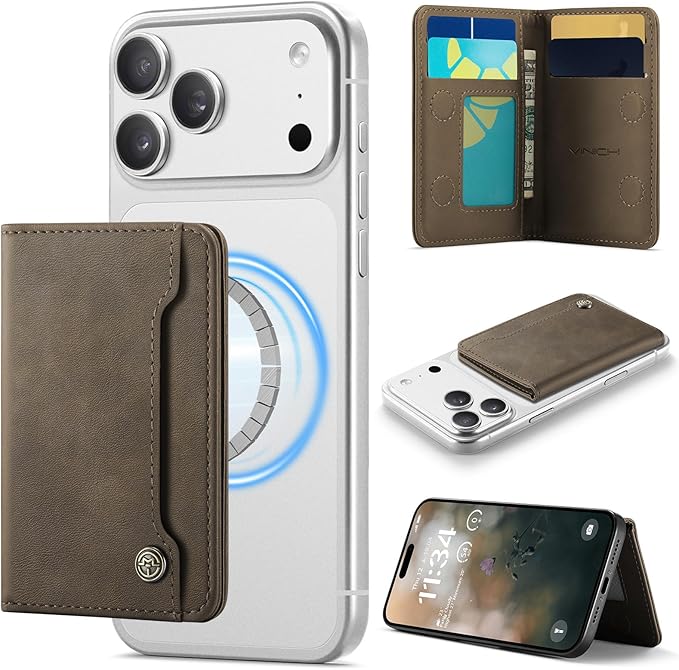 Vinich for MagSafe Wallet Magnetic RFID Blocking Card Holder Compatible with MagSafe Phones and Cases, Strong Magnet Minimalist Phone Wallet for iPhone 17/16/15/14/13/12/Pro/Max/Plus, Vintage Brown