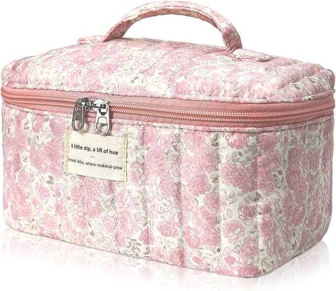 Large Makeup Bag, Cute Cosmetic Bag for Women Girls, Floral Coquette Aesthetic Toiletry Bag, Travel Make Up Organizer Bag (Crushed Flower)