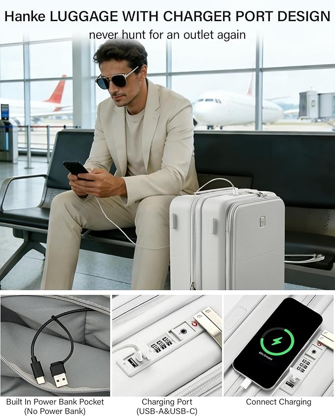 Hanke 28 Inch Expandable Checked Luggage with Cup Holder and Charger Port, Top Opening Hard Shell Large Suitcases with Wheel, Big Travel Rolling Suitcase Trunk Luggage with Lock,Smoke White