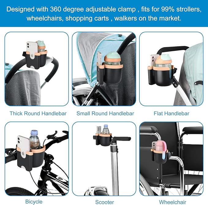 Accmor Stroller Cup Holder with Phone Holder, Bike Cup Holder, Universal Cup Holder for Uppababy Nuna Doona Strollers, 2-in-1 Cup Phone Holder for Stroller Bike Wheelchair Walker Accessory