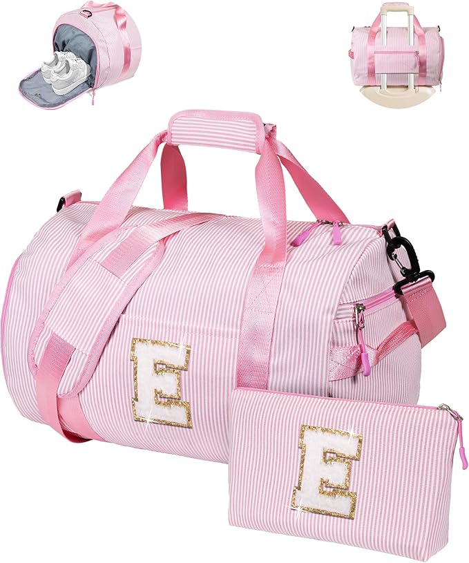 Gift for 8 Years Old Girl, Girls Travel Duffle Bag, Kids Overnight Bags with Shoe Compartment, Personalized Dance Bag with Makeup Pouch, Gifts for Teen Girls, Birthday Gift (Letter E)