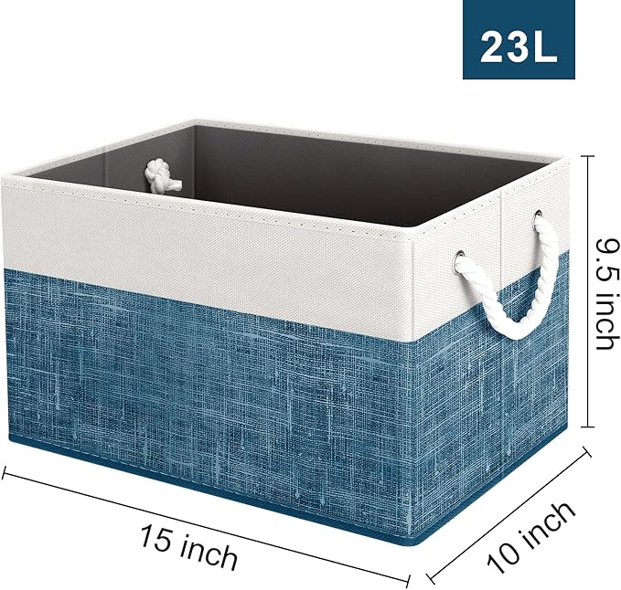 Fab totes Storage Bins [2-Pack], Foldable Storage Baskets for Organizing Toys, Books, Shelves, Closet, Large Storage Box with Rope Handles, Sturdy Organizer Bins, White & Blue