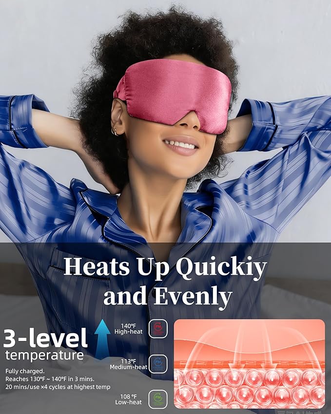 Heated Eye Mask for Dry Eyes - Silk Cordless Warm Eye Compress Moist Heat, Eye Heating Pad for Stye Treatment, Tired Eyes, Sleep, Travel, Washable, Rechargeable, Pink